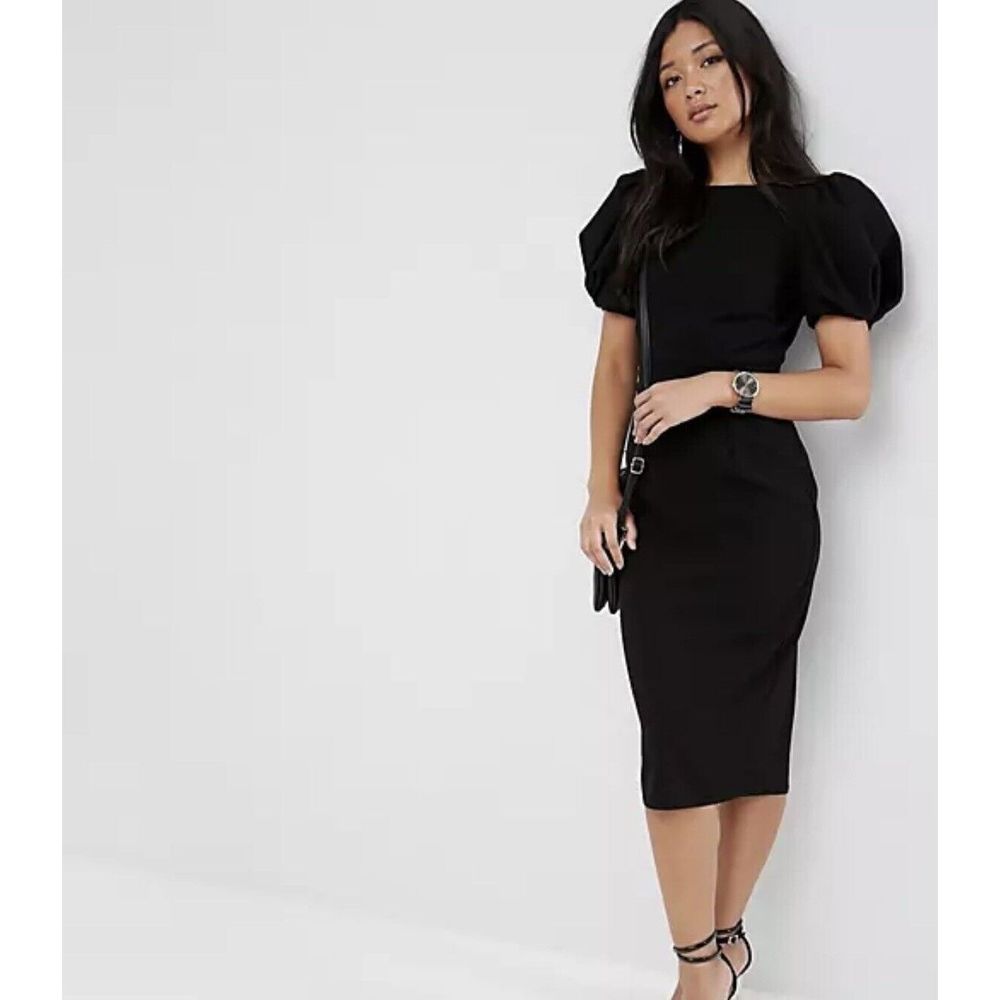 ASOS Black Midi Dress with Puff Sleeves